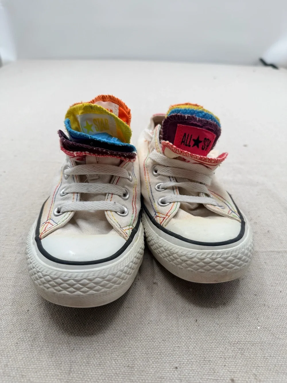Converse Kids Low Top Sneakers with Rainbow Layered Tongues - White